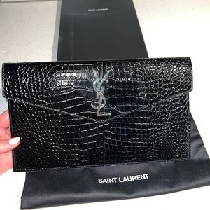 Black croc embossed YSL Uptown clutch